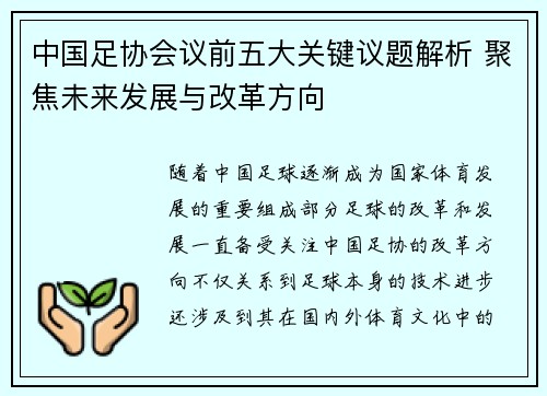 中国足协会议前五大关键议题解析 聚焦未来发展与改革方向